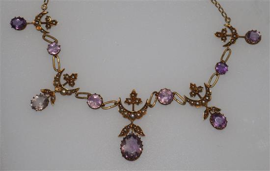 An Edwardian gold, amethyst and seed pearl drop necklace, 16in.